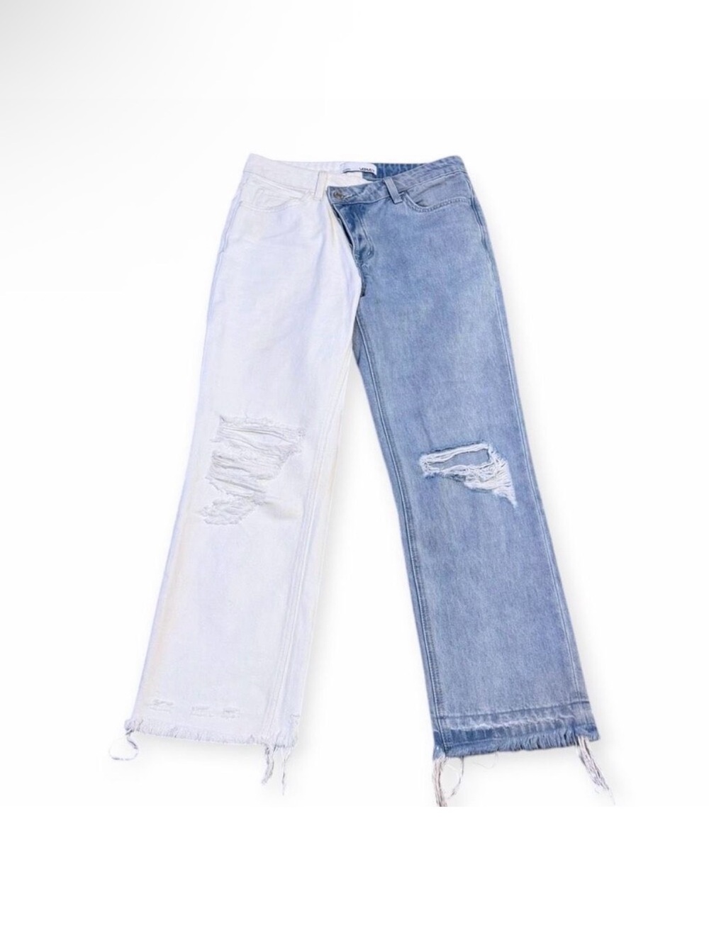 Two-Tone White and Light Blue Cropped Distressed Jeans - Picture 5 of 10